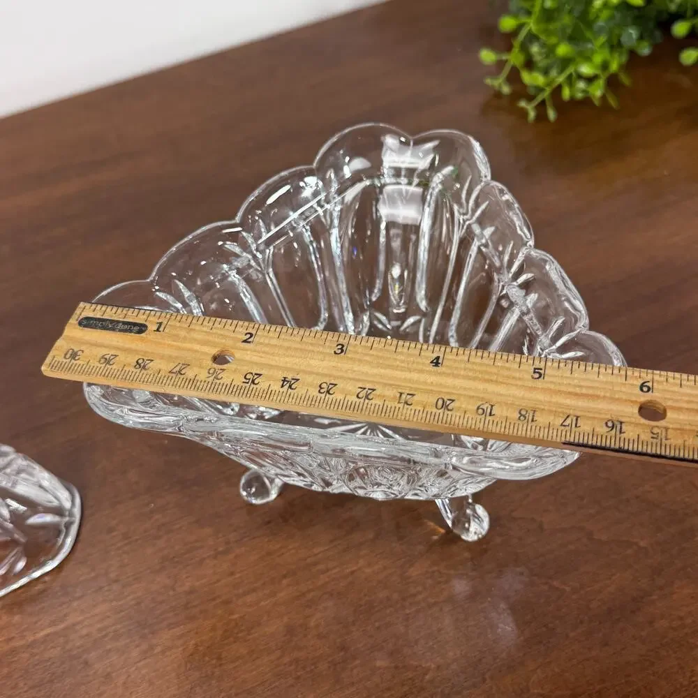 Vintage Cut Crystal Covered Candy Dish Etched Bird 3 Footed Faceted Finial
